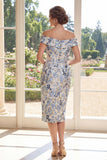 Vestido de Mãe da Noiva Bodycon Azul Ombro Descoberto Jacquard Midi