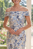 Vestido de Mãe da Noiva Bodycon Azul Ombro Descoberto Jacquard Midi