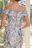 Vestido de Mãe da Noiva Bodycon Azul Ombro Descoberto Jacquard Midi