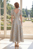 Vestido longo de mãe da noiva Jacquard azul poeirento, decote em V, com mangas bufantes