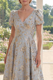 Vestido longo de mãe da noiva Jacquard azul poeirento, decote em V, com mangas bufantes