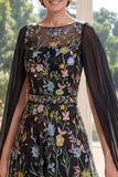 Vestido longo de mãe da noiva em tule bordado em linha A preta com mangas de capa