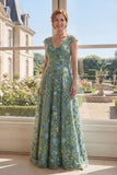 Vestido de Mãe da Noiva Verde em Tule Bordado em V, decote em V