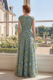 Vestido de Mãe da Noiva Verde em Tule Bordado em V, decote em V