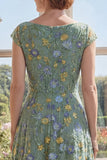 Vestido de Mãe da Noiva Verde em Tule Bordado em V, decote em V