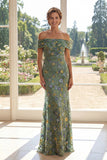 Vestido da Mãe da Noiva Bordado em Tule Verde Sereia Ombro Descoberto