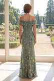 Vestido da Mãe da Noiva Bordado em Tule Verde Sereia Ombro Descoberto