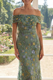 Vestido da Mãe da Noiva Bordado em Tule Verde Sereia Ombro Descoberto