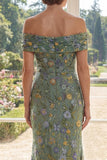 Vestido da Mãe da Noiva Bordado em Tule Verde Sereia Ombro Descoberto