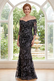 Vestido de Mãe da Noiva em Tule de Sereia Preto Aplicado no Ombro