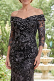 Vestido de Mãe da Noiva em Tule de Sereia Preto Aplicado no Ombro