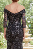 Vestido de Mãe da Noiva em Tule de Sereia Preto Aplicado no Ombro