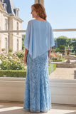 Lantejoulas azul claro Vestido Longo de Mãe da Noiva com Capa