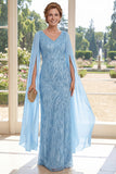 Decote em V, lantejoulas azul claro, vestido longo de mãe da noiva com mangas cape