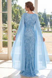 Decote em V, lantejoulas azul claro, vestido longo de mãe da noiva com mangas cape