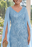 Decote em V, lantejoulas azul claro, vestido longo de mãe da noiva com mangas cape