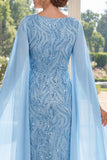 Decote em V, lantejoulas azul claro, vestido longo de mãe da noiva com mangas cape