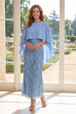 Lantejoulas azul claro brilhante Vestido longo de mãe da noiva com capa