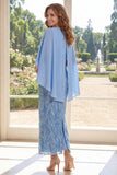 Lantejoulas azul claro brilhante Vestido longo de mãe da noiva com capa