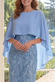 Lantejoulas azul claro brilhante Vestido longo de mãe da noiva com capa