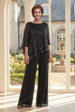 Vestido Preto de 2 Peças Assimétrico Mãe da Noiva com Mangas Curtas