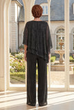 Vestido Preto de 2 Peças Assimétrico Mãe da Noiva com Mangas Curtas