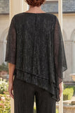 Vestido Preto de 2 Peças Assimétrico Mãe da Noiva com Mangas Curtas