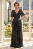 Vestido Mãe da Noiva preto preto em V, linha A, com mangas esvoaçantes