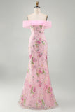 Vestido longo de baile floral cor-de-rosa sereia despenteado com bordas