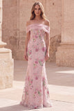 Vestido longo de baile floral cor-de-rosa sereia despenteado com bordas