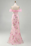 Vestido longo de baile floral cor-de-rosa sereia despenteado com bordas