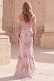 Vestido longo de baile floral cor-de-rosa sereia despenteado com bordas