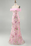 Vestido longo de baile floral cor-de-rosa sereia despenteado com bordas