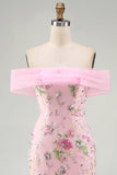 Vestido longo de baile floral cor-de-rosa sereia despenteado com bordas