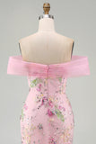 Vestido longo de baile floral cor-de-rosa sereia despenteado com bordas
