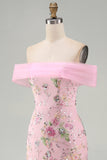 Vestido longo de baile floral cor-de-rosa sereia despenteado com bordas
