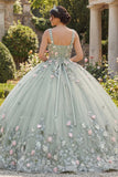 Vestido Quinceañera com decote quadrado floral de sálvia empoeirada