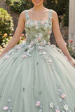 Vestido Quinceañera com decote quadrado floral de sálvia empoeirada