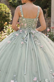 Vestido Quinceañera com decote quadrado floral de sálvia empoeirada