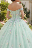 Vestido de Baile Verde Ombro Descoberto Vestido Quinceañera com Flores 3D