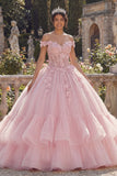 Vestido de Baile Cor-de-rosa com ombros despontados e vestido de quinceañera em camadas