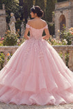Vestido de Baile Cor-de-rosa com ombros despontados e vestido de quinceañera em camadas