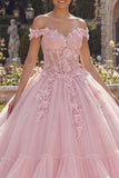 Vestido de Baile Cor-de-rosa com ombros despontados e vestido de quinceañera em camadas