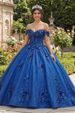 Vestido de Baile Quinceañera Azul Real Brilhante Aplicado ao Ombro Descoberto