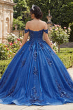 Vestido de Baile Quinceañera Azul Real Brilhante Aplicado ao Ombro Descoberto