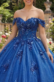 Vestido de Baile Quinceañera Azul Real Brilhante Aplicado ao Ombro Descoberto