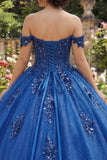 Vestido de Baile Quinceañera Azul Real Brilhante Aplicado ao Ombro Descoberto