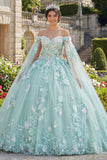 Vestido de Baile Verde Aplicado Ombro Descoberto Vestido Quinceañera com Mangas Capa