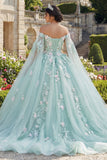 Vestido de Baile Verde Aplicado Ombro Descoberto Vestido Quinceañera com Mangas Capa