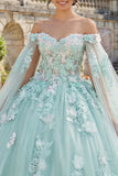 Vestido de Baile Verde Aplicado Ombro Descoberto Vestido Quinceañera com Mangas Capa